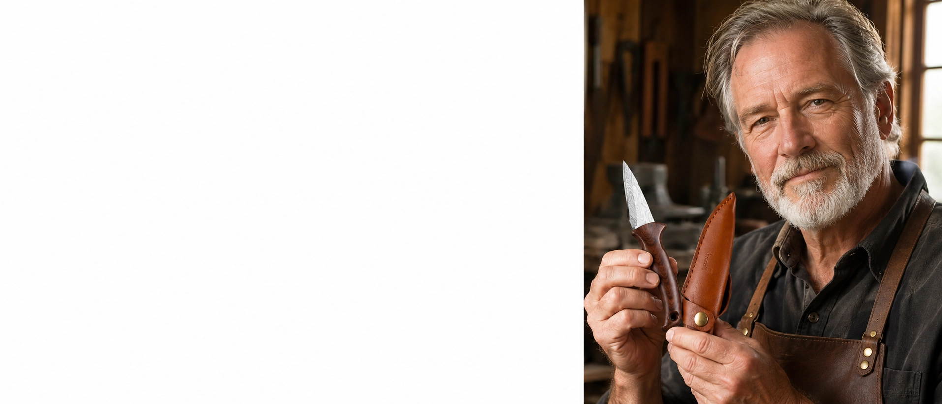Duane holding a finished Ridgeline knife and its leather sheath in his workshop