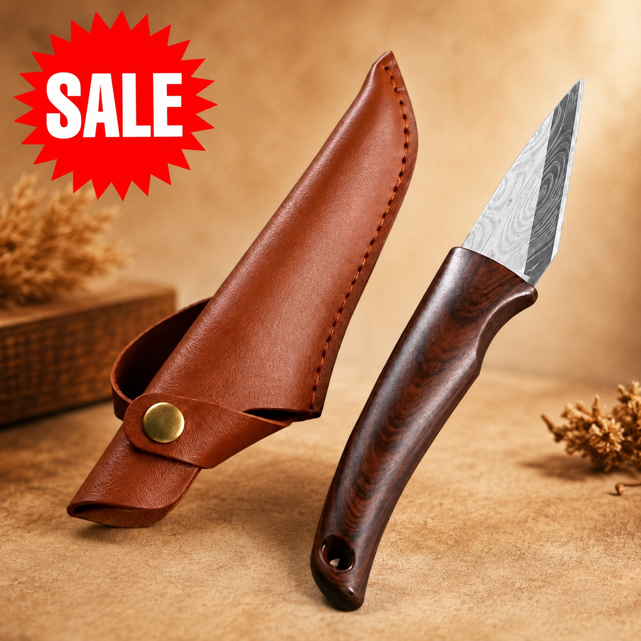The Ridgeline knife with its leather sheath, ready to ship