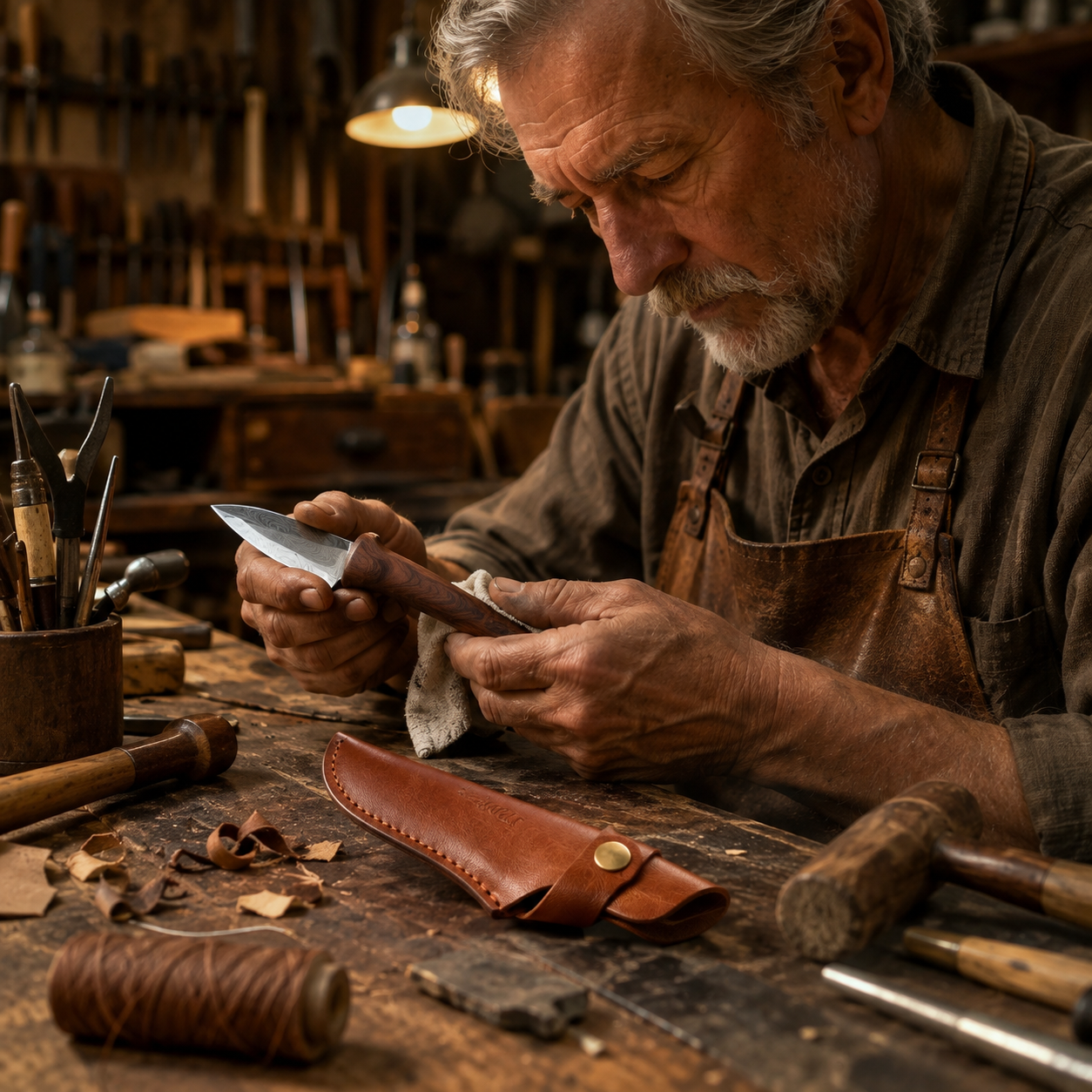 Duane setting a blade into a finished hardwood handle at his bench