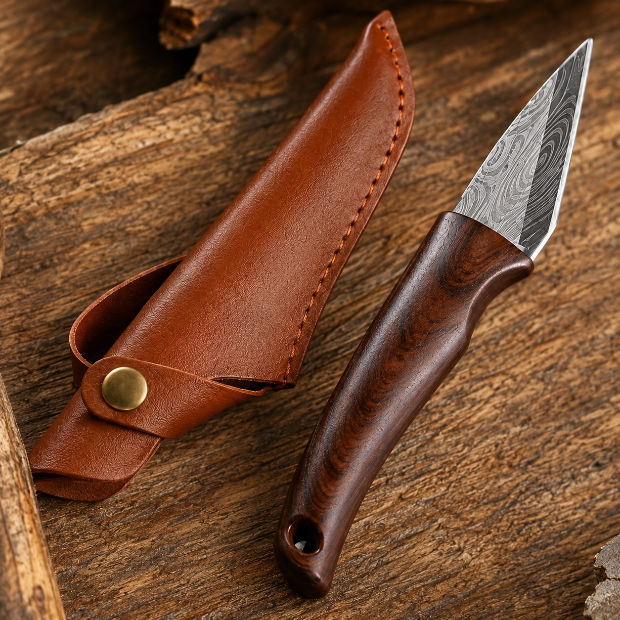 The Ridgeline knife and sheath laid out on weathered wood